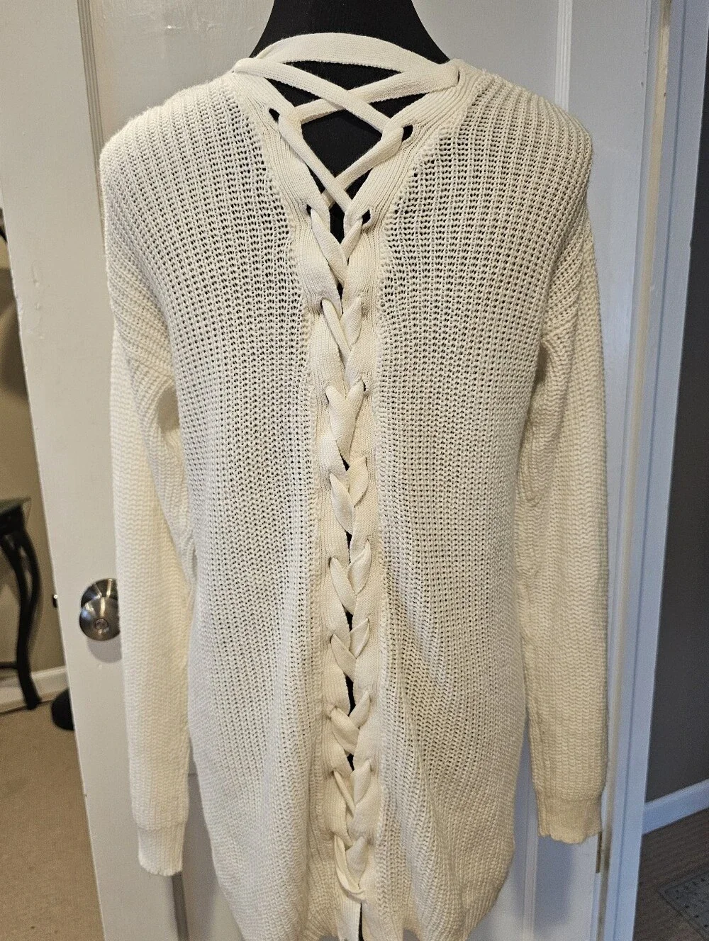 Moral Fiber Ivory Lace-Up Back Knit Cardigan